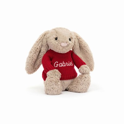 Jellycat Bashful Beige Bunny with Red Jumper USA | 85762ZYXR